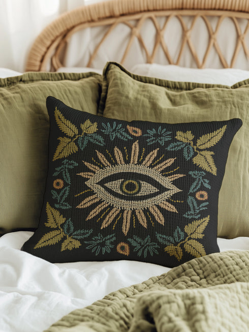 A black woven throw pillow featuring intricate embroidery of an Evil Eye motif in gold, ivory, and green, surrounded by detailed botanical flourishes.